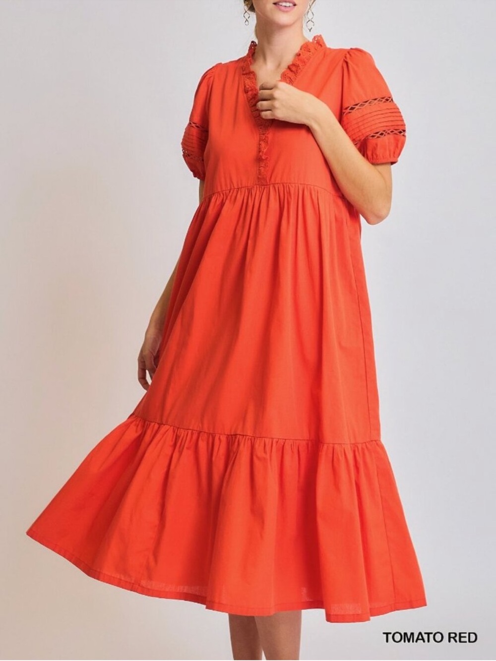 Umgee Short Sleeve‎ Lace-Trim Ruffled Midi Dress